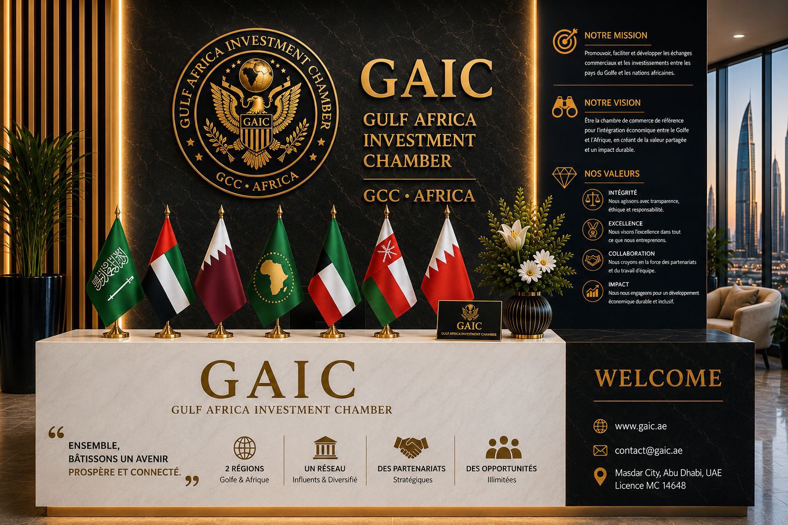 Accueil institutionnel de la Gulf Africa Investment Chamber, plateforme d’investissement entre le Golfe et l’Afrique.
